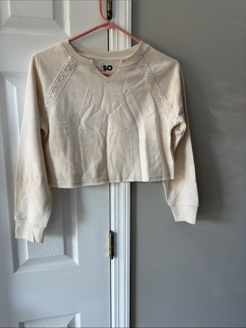 SO Cream Cropped Lace-Trim Crewneck Sweatshirt